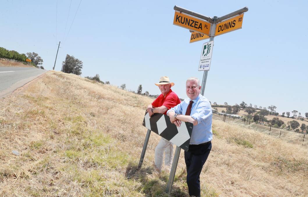 Wagga mayor Greg Conkey and Member for Riverina Michael McCormack have announced the long-awaited bitumen sealing of the full length of Dunns Road will go ahead. Picture: Les Smith