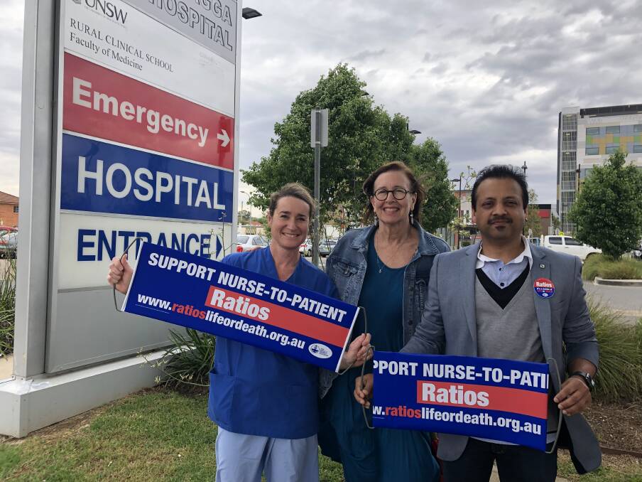 NURSES CALL: Sylvia Moon, secretary of the Wagga Base Hospital branch of the NSW Nurses and Midwives’ Association (left), and president Amit Gupta with Ann Wilson (centre).