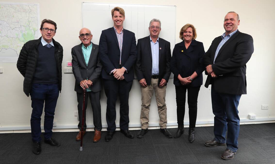 STANDING: Joe McGirr, Ray Goodlass, Dan Hayes, Seb McDonagh, Julia Ham and Paul Funnell are six of the seven candidates in the Wagga byelection.