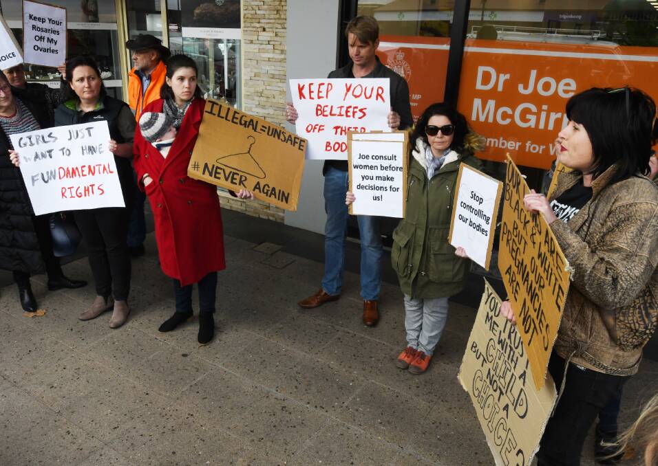 NO TO JOE: A group of protesters gathered outside the office of Wagga MP Joe McGirr on Thursday, calling on him to support a bill to decriminalise abortion.