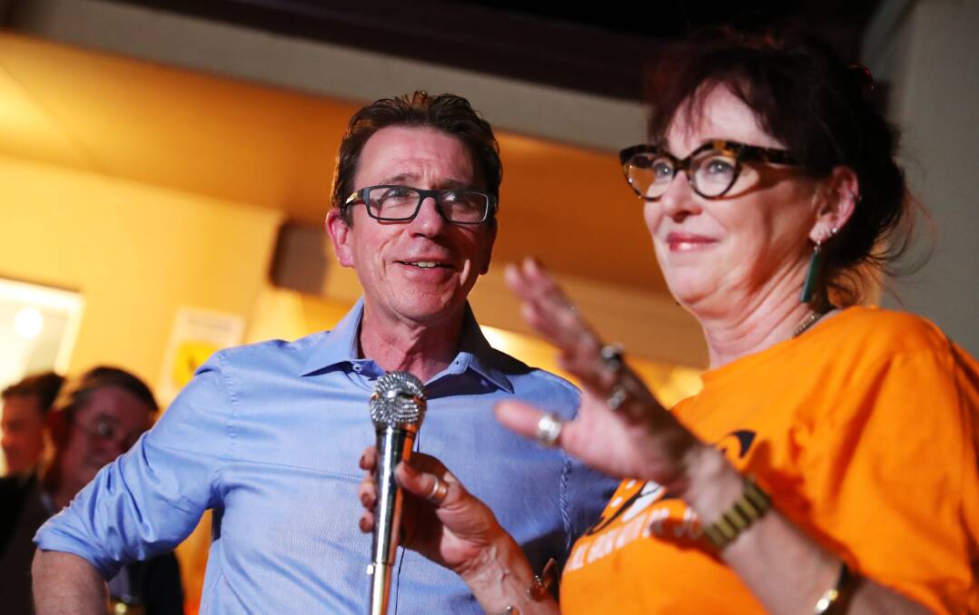 SECOND GO: Member for Wagga Joe McGirr and his wife, orthopaedic surgeon Kerin Fielding, celebrate the MP being re-elected in the March state election.