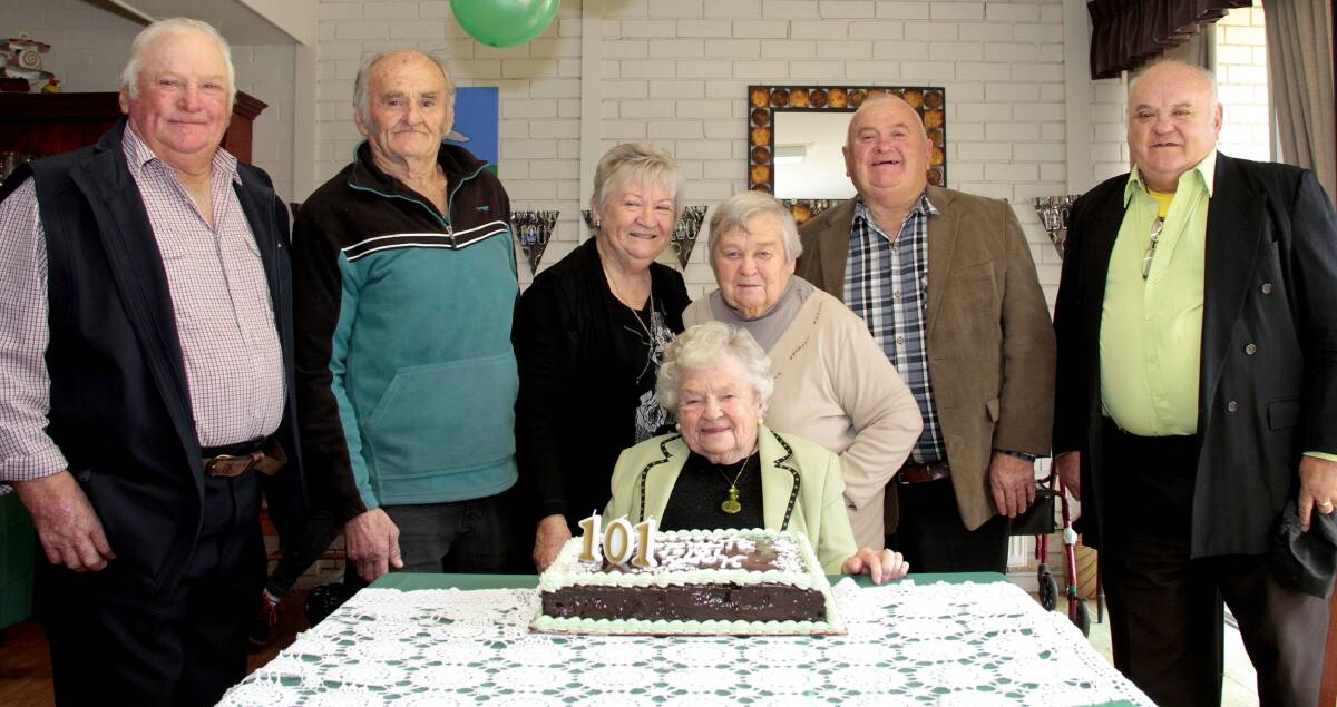 Thersa Hillier celebrated her 101st birthday at Southern Cross Care Cootamundra on Saturday, with well-wishers, including her children Terry Hillier, Barry Hillier, Marleen Murchie, Yvonne Judd, Donald Hillier and Gavin Hillier. Picture: Kelly Manwaring