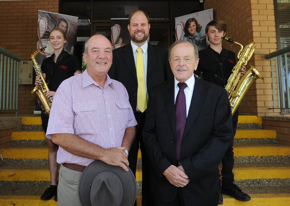Member for Wagga Daryl Maguire with Hamish Tait and Andrew Wallace from the Riverina Conservatorium of Music, and students Gabrielle Shaw, 15, and Murray Mision, 17.