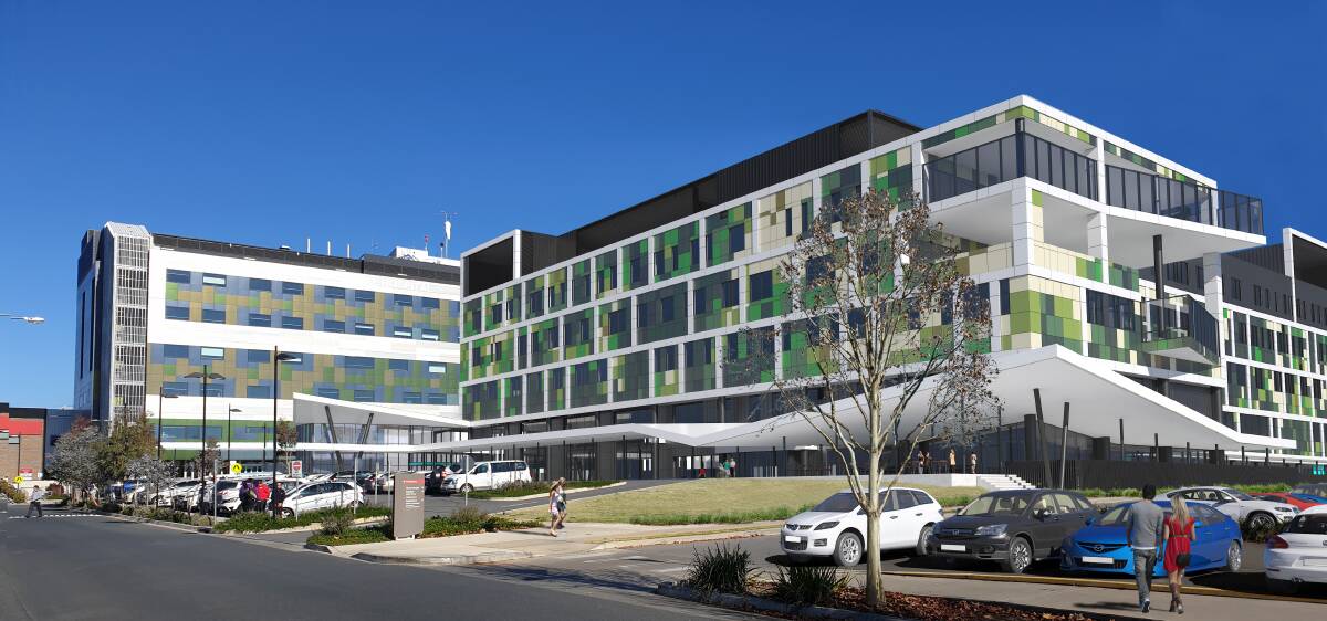 A new artist impression of how the Wagga Base Hospital precinct will look after the completion of the new ambulatory care building (right).