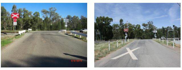 Before and after photos from the Level Crossing Strategy Council Yearly Report for 2017-18 show the upgrade work at the level crossing in Lake Street, Ganmain.