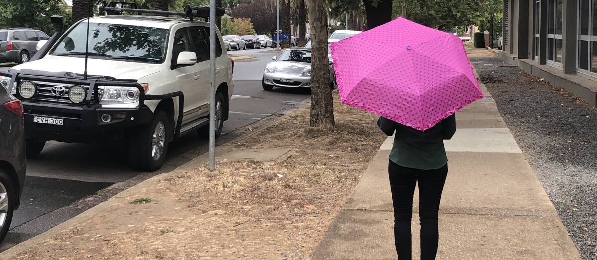 SOGGY SKIES: An umbrella has been a bit of an unusual sight around Wagga in recent months, but the city had some showers on Wednesday.