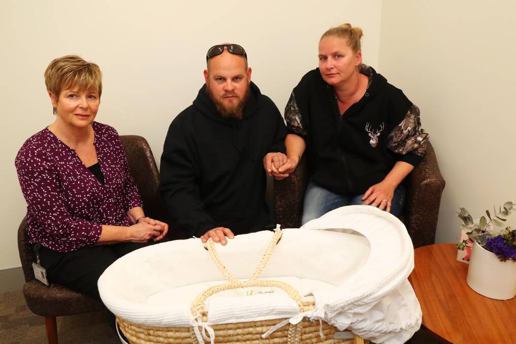 SPECIAL GIFT: Wagga Base Hospital midwife Josie Riley with Nathan and Bobbie-Jo Bradley, who have donated a cuddle cot and Moses basket to the maternity unit. Picture: Emma Hillier