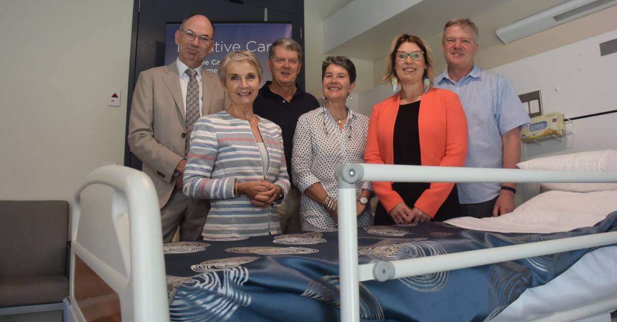 Gerard Carroll, Kay Hull, David Friedlieb, Penny Lamont, Rene Van Delft and Duncan Potts with one of the new beds in the Calvary palliative care unit. Picture: Jody Lindbeck