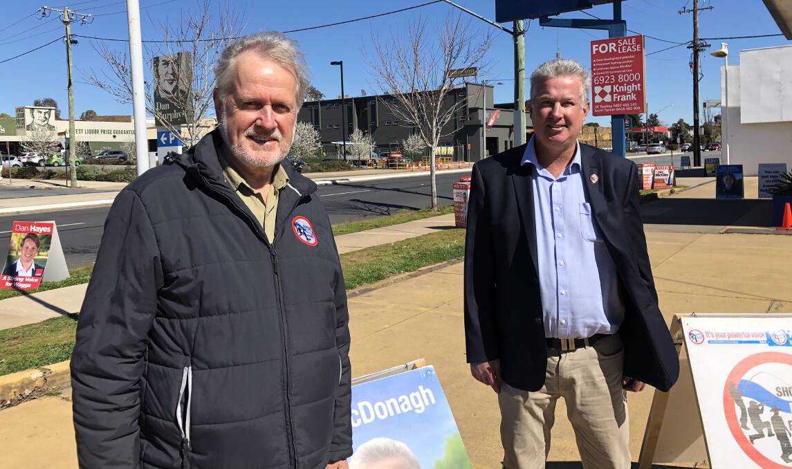 Shooters, Fishers, Farmers leader Robert Borsak, left, was in Wagga during the byelection campaign to support candidate Seb McDonagh.