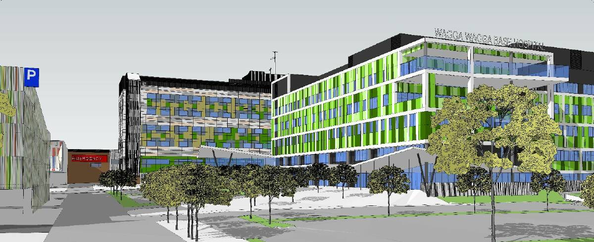 An artist's impression of how Wagga Base Hospital would look from Edward Street, with the six-storey ambulatory care building on the right and the planned multi-storey car park on the left.