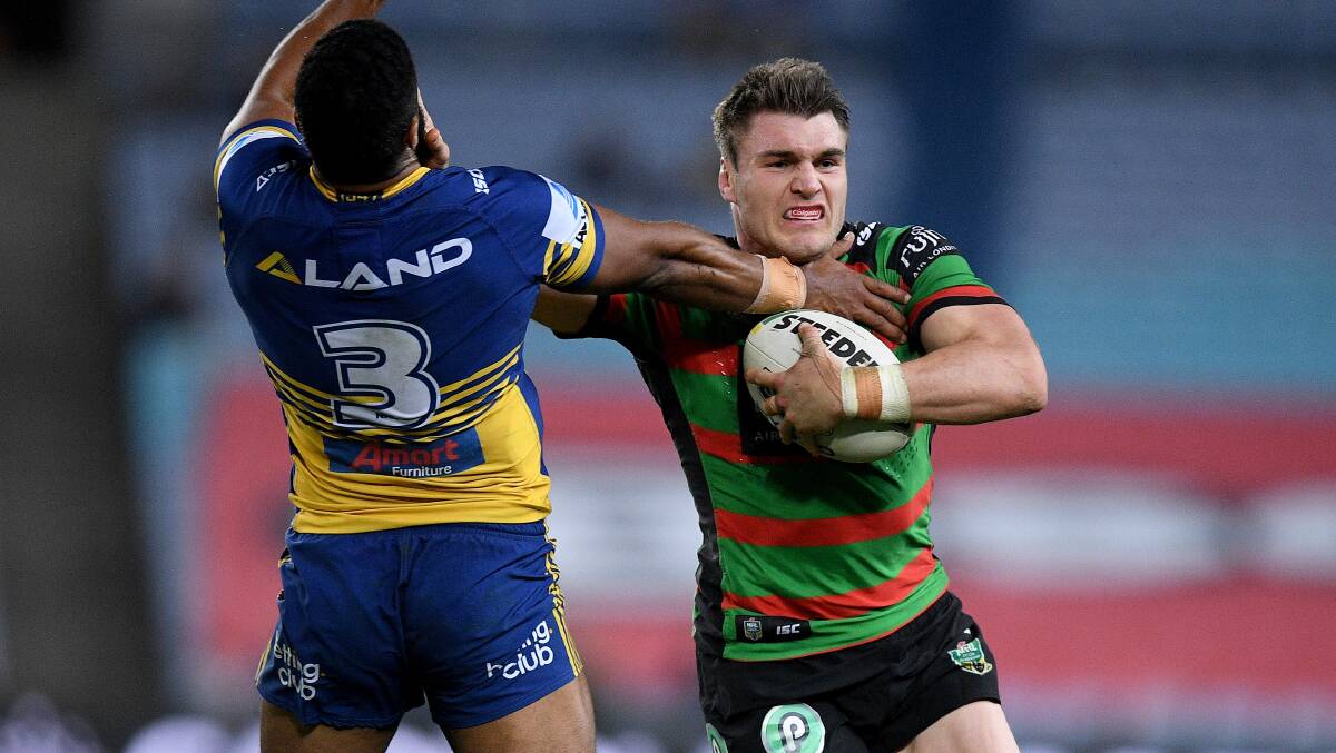Angus Crichton launched a career in the NRL after signing with Souths Sydney Rabbitohs in 2014 and playing under 20s in 2015. He made his NRL debut in 2016. Photo: AAP/DAN HIMBRECHTS