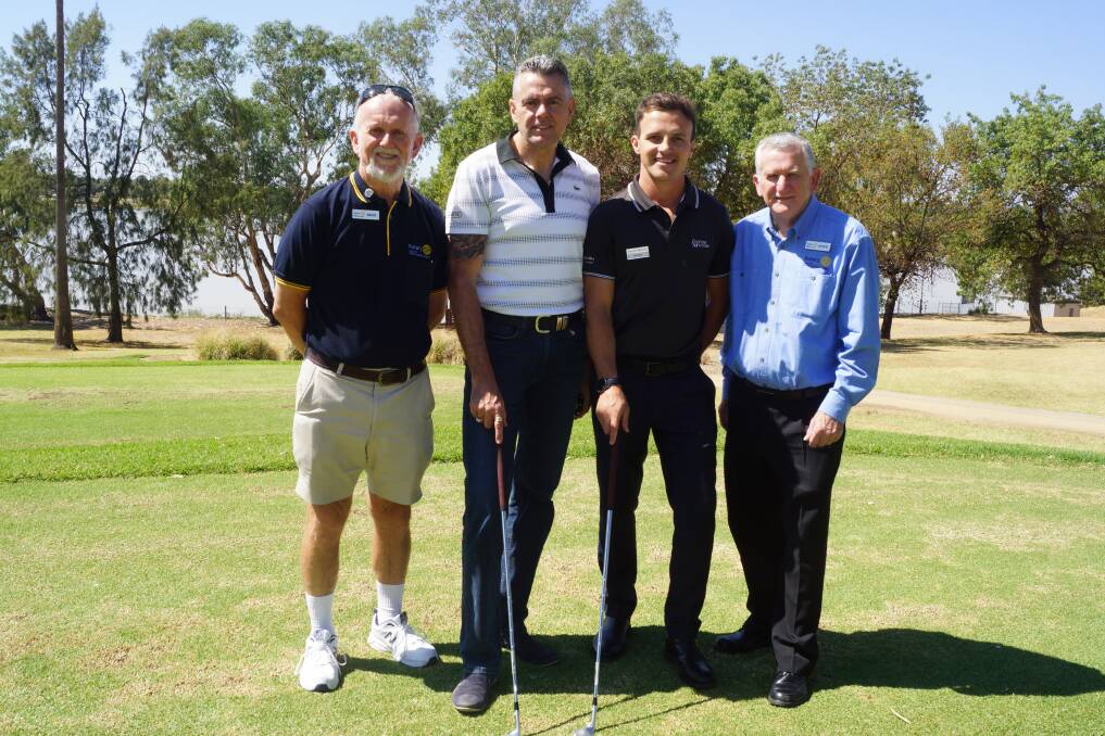 Ready to tee off: (Left to right) South Wagga Rotary president David Dunn with sponsors Tony Aichinger from McDonalds, Jackson Oehm from Jupiter Motors and fellow South Wagga member Steve Biggin.