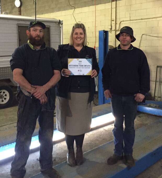 Skilled team: Mechanic Justin Malcolm with account manager Jess Pulver and Jed’s Heavy Vehicle Maintenance owner Jeremy Keough.