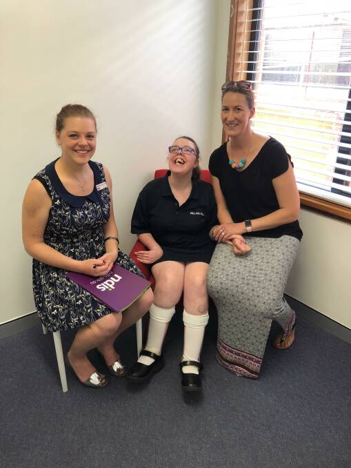 Great support: Murrumbidgee Local Area Coordinator Kathleen Gaisford with NDIS participant Chloe Smith and Chloe’s mum Kellie.