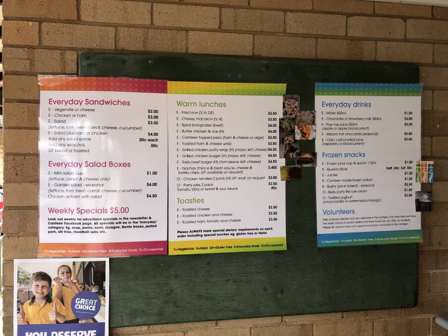 Sturt Public School's canteen menu. Picture: Jess Whitty