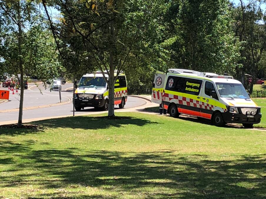 Three ambulances were called to the Victory Memorial Gardens at Ivan Jack Drive after a middle-aged man fell over and was unable to get back up, he was taken to the Wagga Base Hospital. Picture: Jess Whitty 
