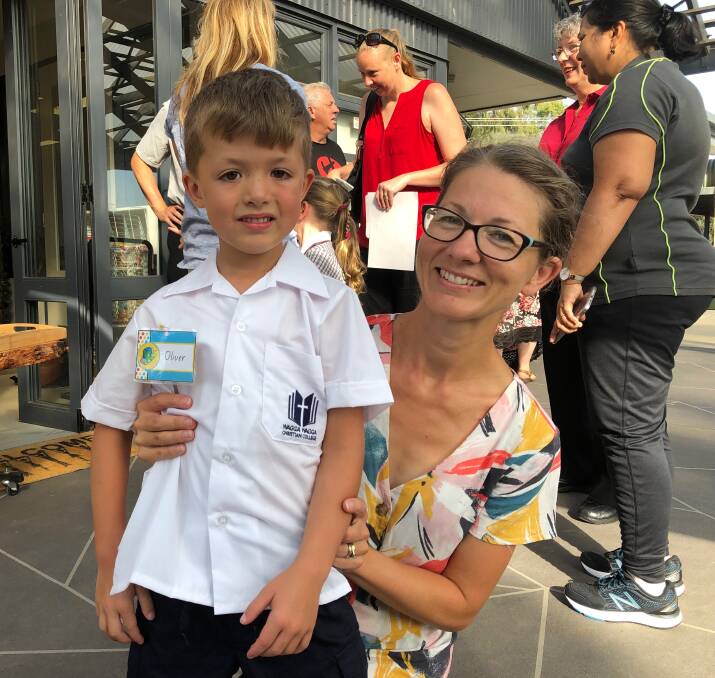 Oliver Brown's first day of school alongside his mum Corrine. Picture: Jess Whitty