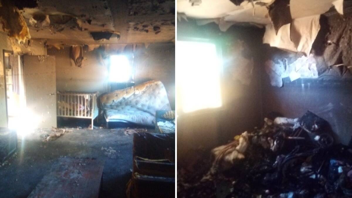 The lounge room and a bedroom show the devastation of the fire. Pictures: supplied