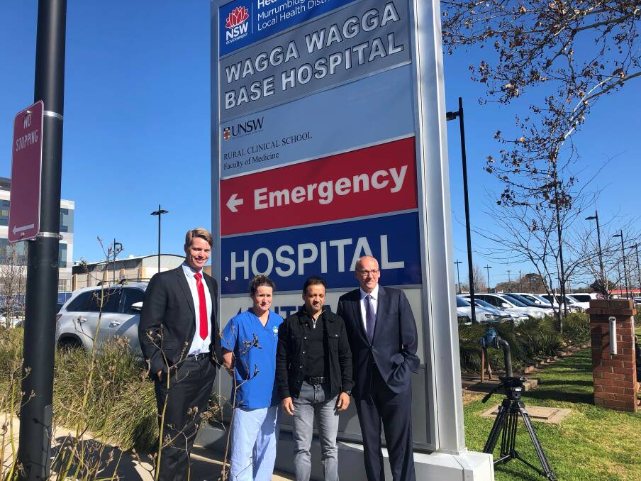 NSW Opposition Leader, Luke Foley is joined by Labor's candidate for Wagga, Dan Hayes, presenting Labor's big plans for public services, along with two nurses at Wagga Base Hospital, Sylvia Moon and Amit Gupta. Picture: Jess Whitty 