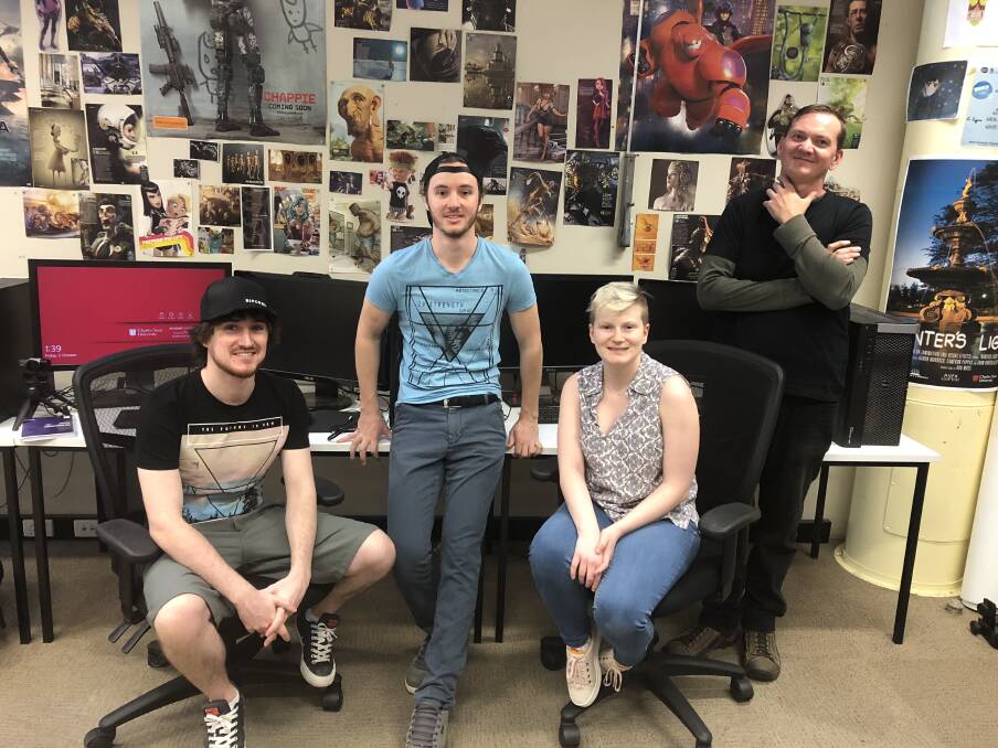 NEXT GENERATION: CSU's animation students Callum Tori, Connor Flynn, Giselle Crowther and course director Chris Orchard. Picture: Jess Whitty