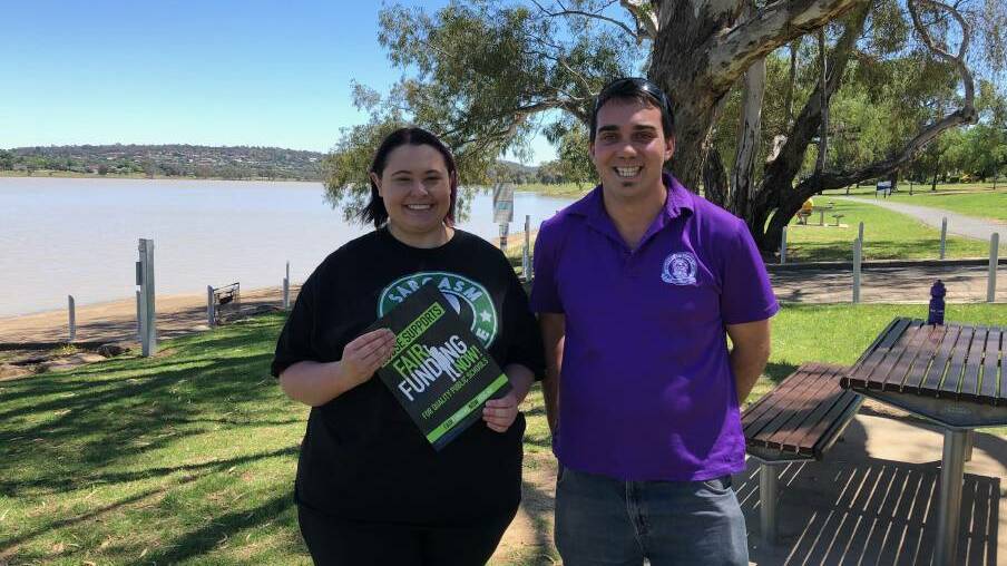 FAIR FUNDING: Wagga's NSW Teachers Federation Union representatives Tegan Bailey and Cameron Abood call for continuous needs-based funding in state schools. Picture: Jess Whitty