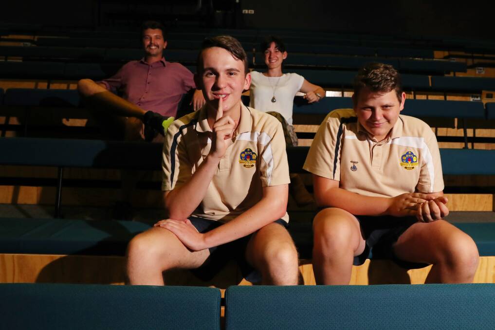 NOT GIVING AWAY: Kooringal High School production's script and music writer Gus Belling, Harry Moorby, 17, drama teacher Bernadette Kennedy and Ben Nosworthy, 16. Picture: Emma Hillier