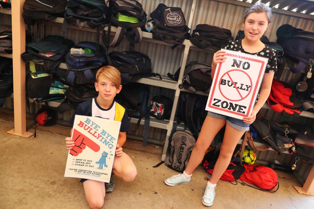 NO BULLY ZONE: Lutheran Primary School year 6 students Ethan Whiting, 11, and Sophia Rigney, 11, say no to bullying. Picture: Emma Hillier