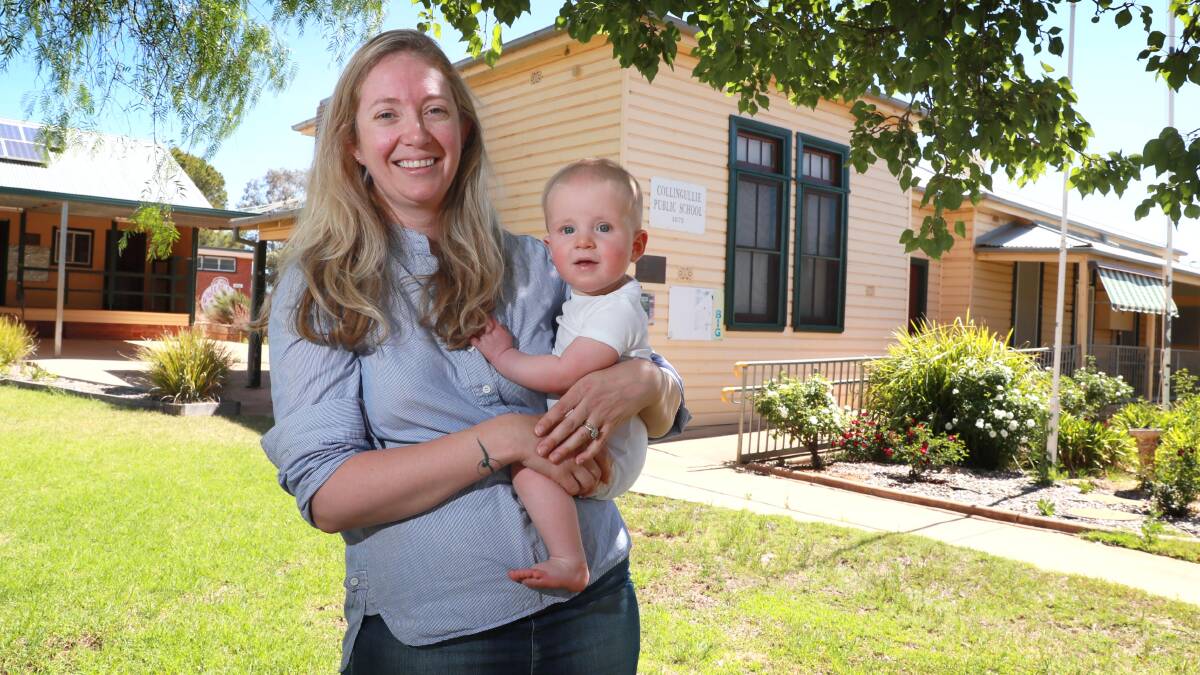 SOCIALISING: Collingullie mum Emma Bruckner and her 7 month old son Johnny at the old Collingullie Public School, home to the new playgroup. Picture: Les Smith