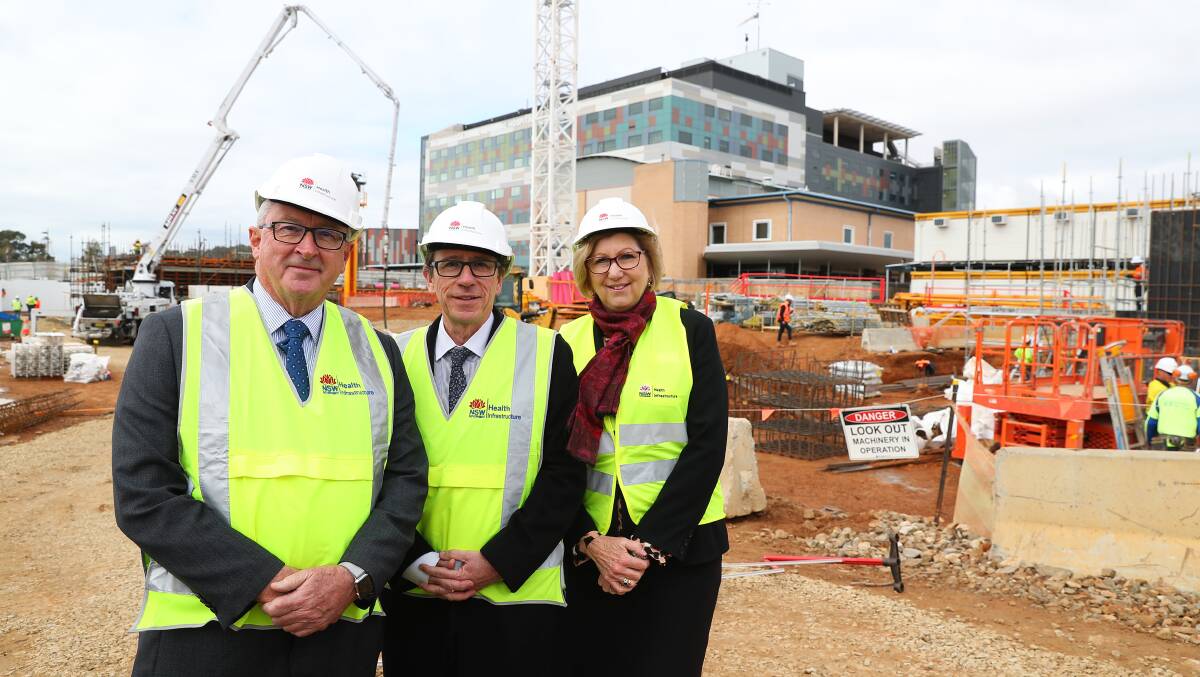 PROGRESS: NSW Health Minister Brad Hazzard, Wagga MP Dr Joe McGirr and MLHD chief executive Jill Ludford say the third and final stage of the multimillion-dollar health precinct redevelopment is expected to open by early 2021.