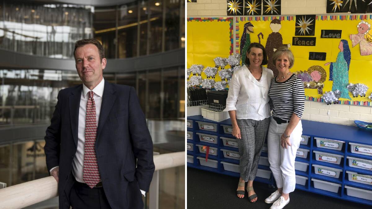 Federal Education Minister Dan Tehan wants to revamp the curriculum and go "back to basics" and Wagga teacher Carol Ingram (R) supports plans. 