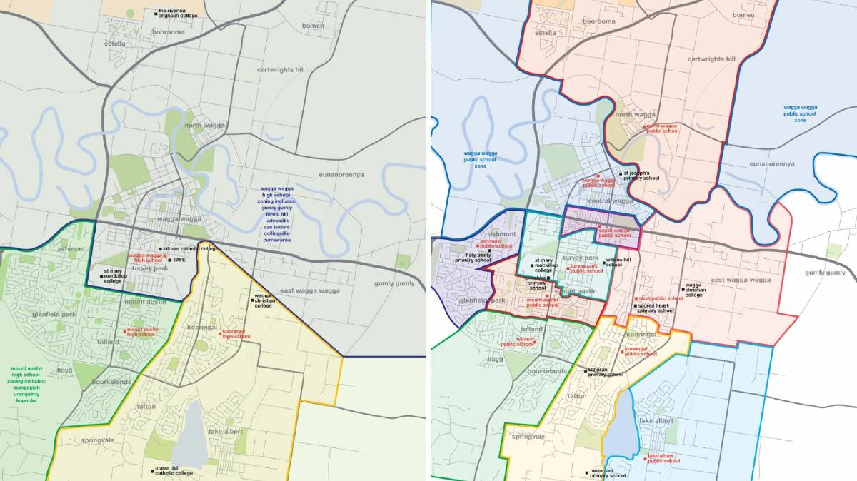 Wagga's school zones, with high school zones on the left and primary school zones on the right. Pictures: supplied