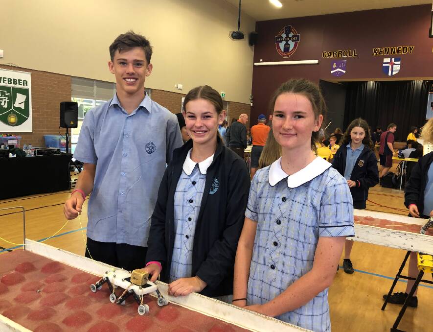 STEM DAY: Mater Dei Catholic College students James Vonmengersen, 15, Tilly McCrone,15, and Ingrid Weir, 15, were partaking in an activity. Picture: Jess Whitty