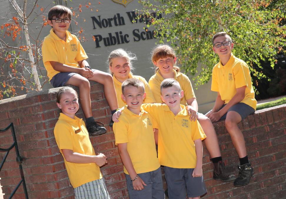 PUPIL HISTORY: North Wagga Public School students Melanie Philpott, 11, Jacob Crane, 9, Chase Burgess, 8, at back (L), Jesse Crane, 8, Darnee Doherty, 11, Bindi McFarlane, 10 and Bailey Crane, 11, are following the family tradition. Picture: Les Smith