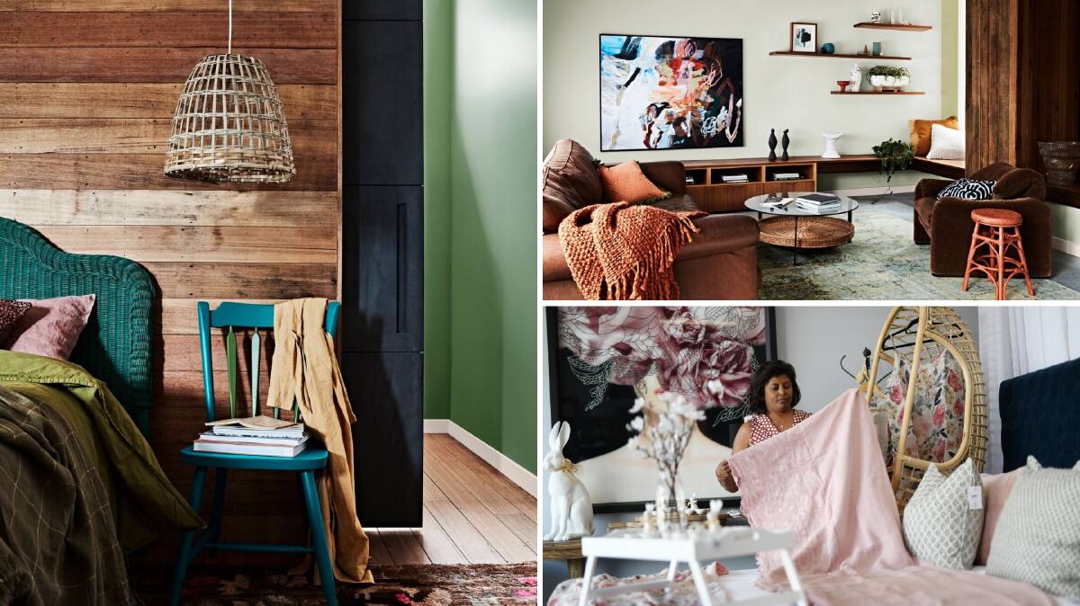Dulux autumn trends (left and top right) show mid-tone timbers, deep greens, honeyed leather and dusty pink palette, and Sheila Reynolds from Loot Homewares with the dusty pinks and timber and navy accents. 