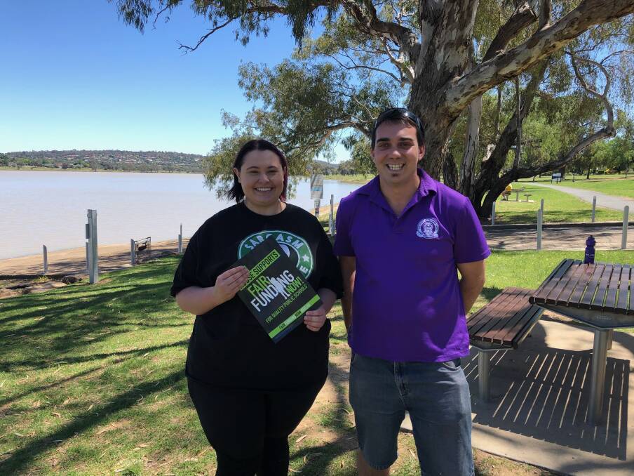 FAIR FUNDING: Wagga's NSW Teachers Federation Union representatives Tegan Bailey and Cameron Abood call for continuous needs-based funding in state schools. Picture: Jess Whitty 