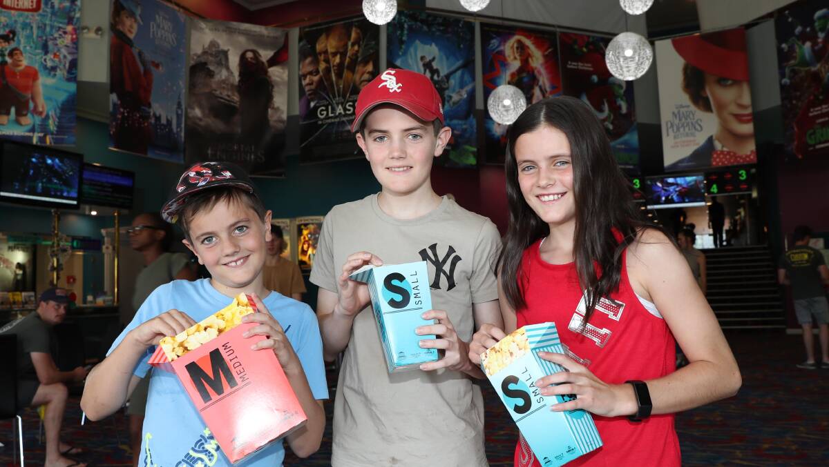 FAMILY FUN:: The Cox family from Ormeau, Queensland, Harry, 8, Ethan, 13, and Ruby 10, were enjoying their summer holidays in Wagga and at the Forum 6 Cinema. Picture: Les Smith