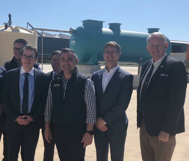ANNOUNCEMENT: Wagga-based NSW upper house member Wes Fang, Wagga MP Dr Joe McGirr, Wagga City Council general manager Peter Thompson, NSW Deputy Premier John Barilaro, managing director of Southern Oils Tim Rose and Mayor Greg Conkey. 
