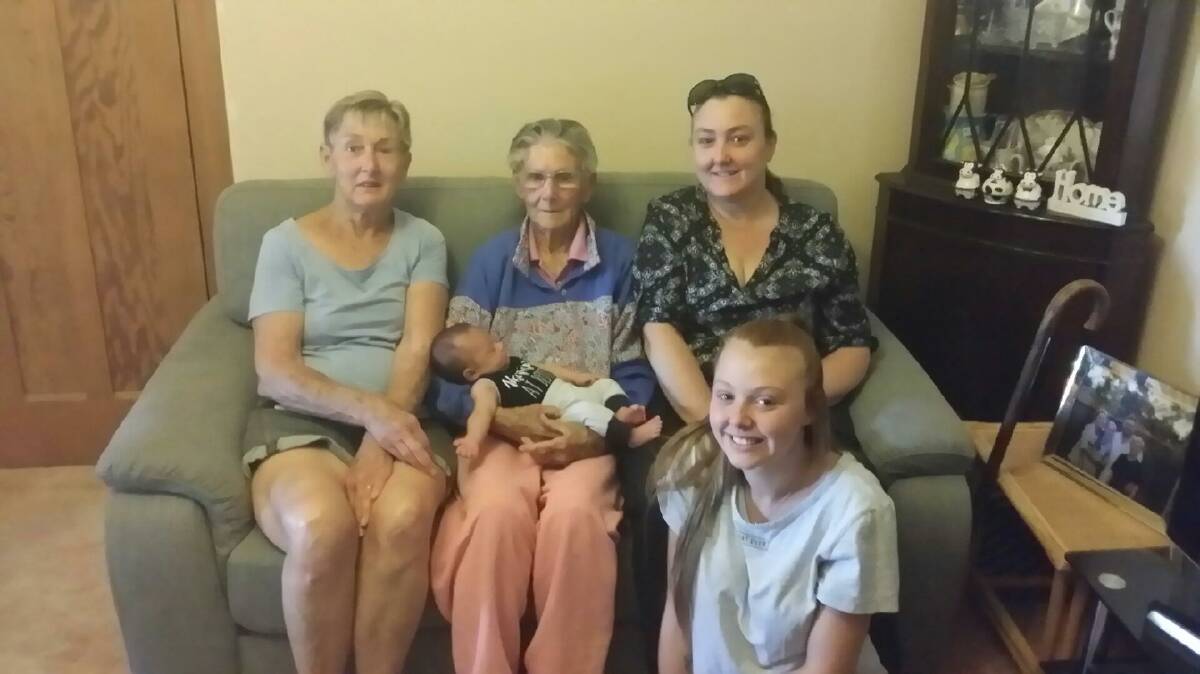 FIVE GENERATIONS: Elaine Whitlock, Joyce Salan, Louise and Emily Gibbons welcome the arrival of their family's fifth generation Cooper John Douglas. Picture: supplied
