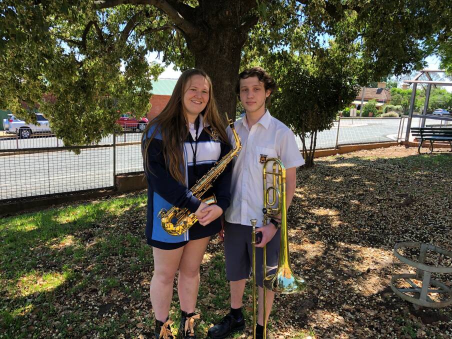 TALENTED STUDENTS: Wagga High Year 12 students Georgia Bruce-Goodlet, 18, and Matthew Wicks, 17, are preparing for West of the Divide band tour in Italy next year. Picture: Jess Whitty 