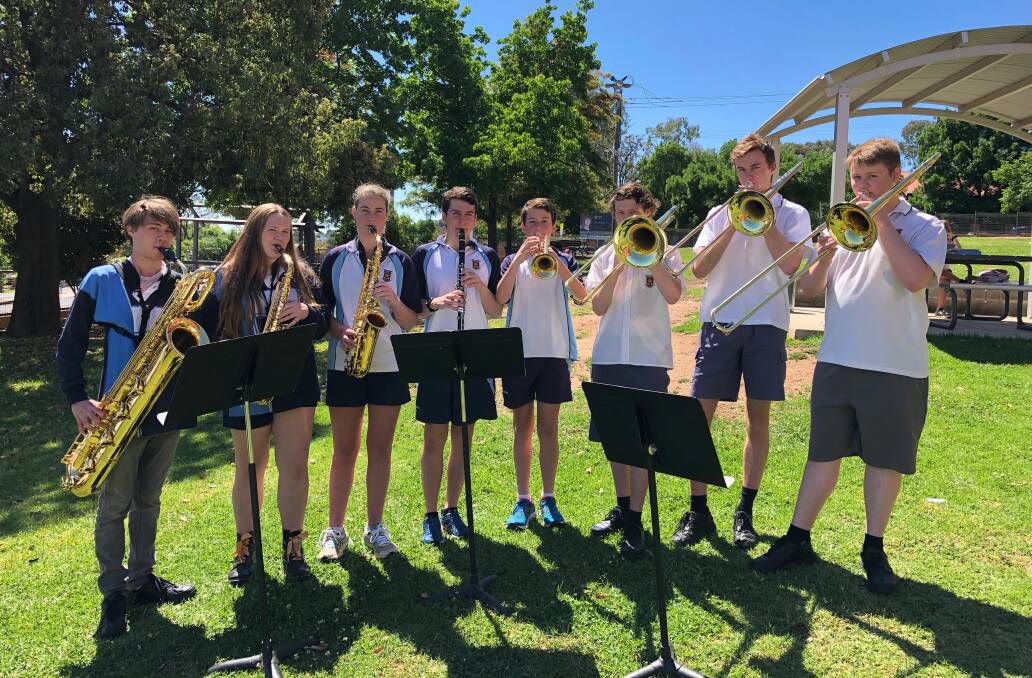 WEST OF THE DIVIDE: Wagga High's band members off to Italy from Years 8-12, Murray Mison, Georgia Bruce-Goodlet, Meg Mundy, Ned Prescott, Tom Prescott, Matthew Wicks, Eddie McDugall and Cameron Angel. 