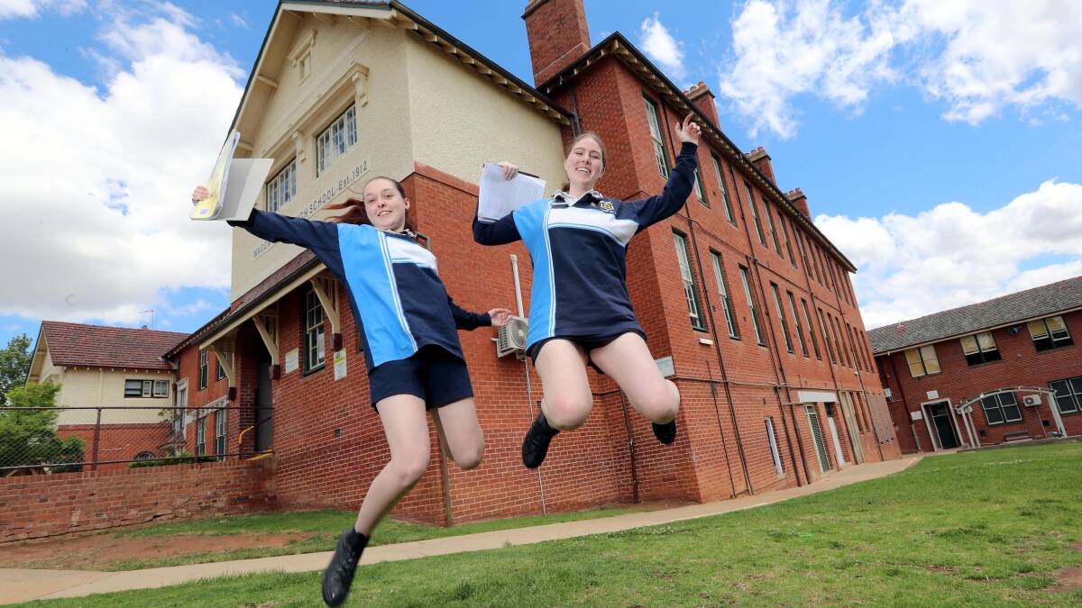 It's all over - Wagga High School year 12 students Makenna Lucas and Matilda O'Connor after their first exam. Picture: Les Smith