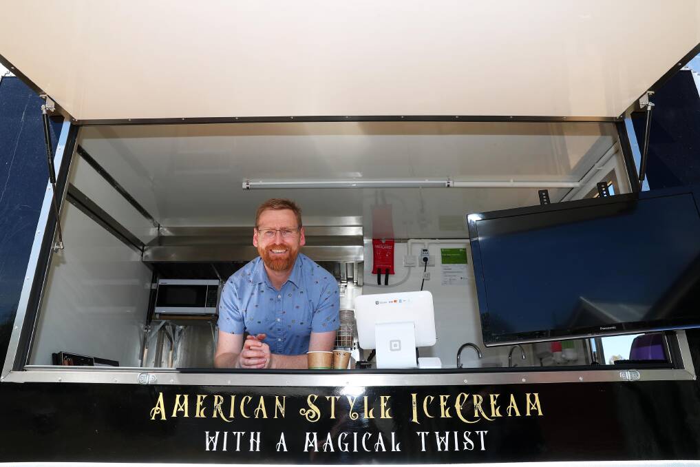 FROSTY TREAT: Tristan Russell is the owner of the ice-cream trailer The Raven and Unicorn and said he hopes to "bring a slice of New York to Wagga". Picture: Emma Hillier