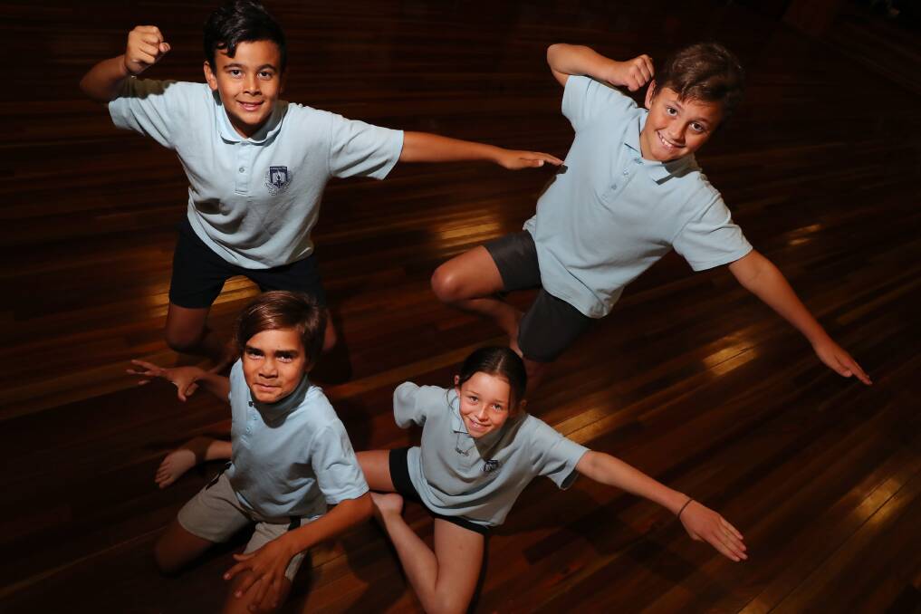STRIKE A POSE: Brooklyn Pettit, 12, Riley Cavanough, 10, Allilah Prior-Sutton, 11 and Tye Honeysett, 11, are four of the students off to Sydney. Picture: Emma Hillier