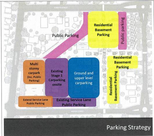 PARKING STRATEGY: This map identifies the parking proposed for the site, which would offer a total of 1325 spaces - more than what is required at peak times. Picture: supplied