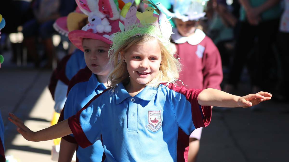 A Kooringal Public School student is rocking her bonnet at the school's Easter Hat Parade. Picture: Les Smith 