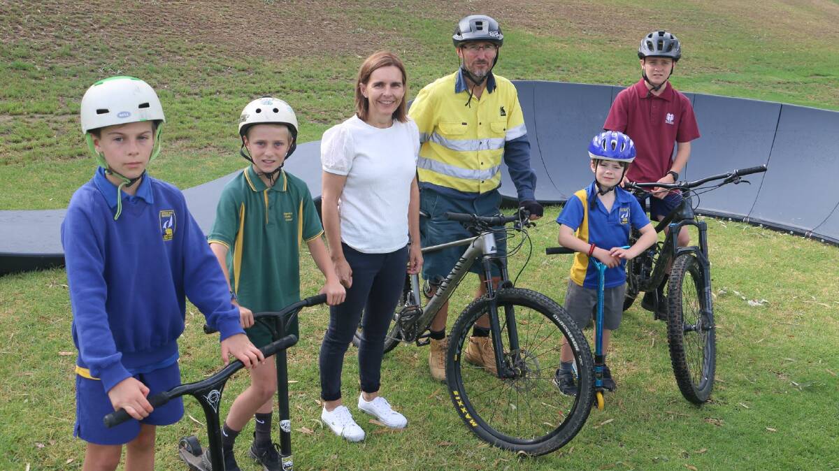 PUMPED: Hayden Kennedy, Toby Owers, Fiona Hamilton, Rob Owers, Grayson Kennedy, and Zac Owers at the Wagga pump track last year. Picture: File