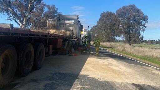 The truck which overturned while travelling on Tumbarumba Road, about five kilometres south of Ladysmith, has since been righted and removed from the scene. Contributed picture