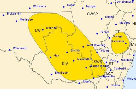 The Bureau of Meteorology issued a severe weather warning for parts of the Riverina on Thursday afternoon. Picture: BoM