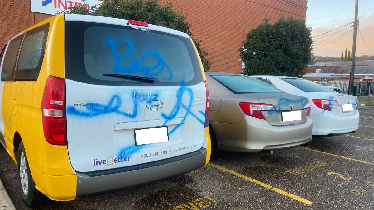 AFTERMATH: Profanities and symbols were spray painted on the vehicles while they were in a Wagga car park overnight. Pictures: Daisy Huntly