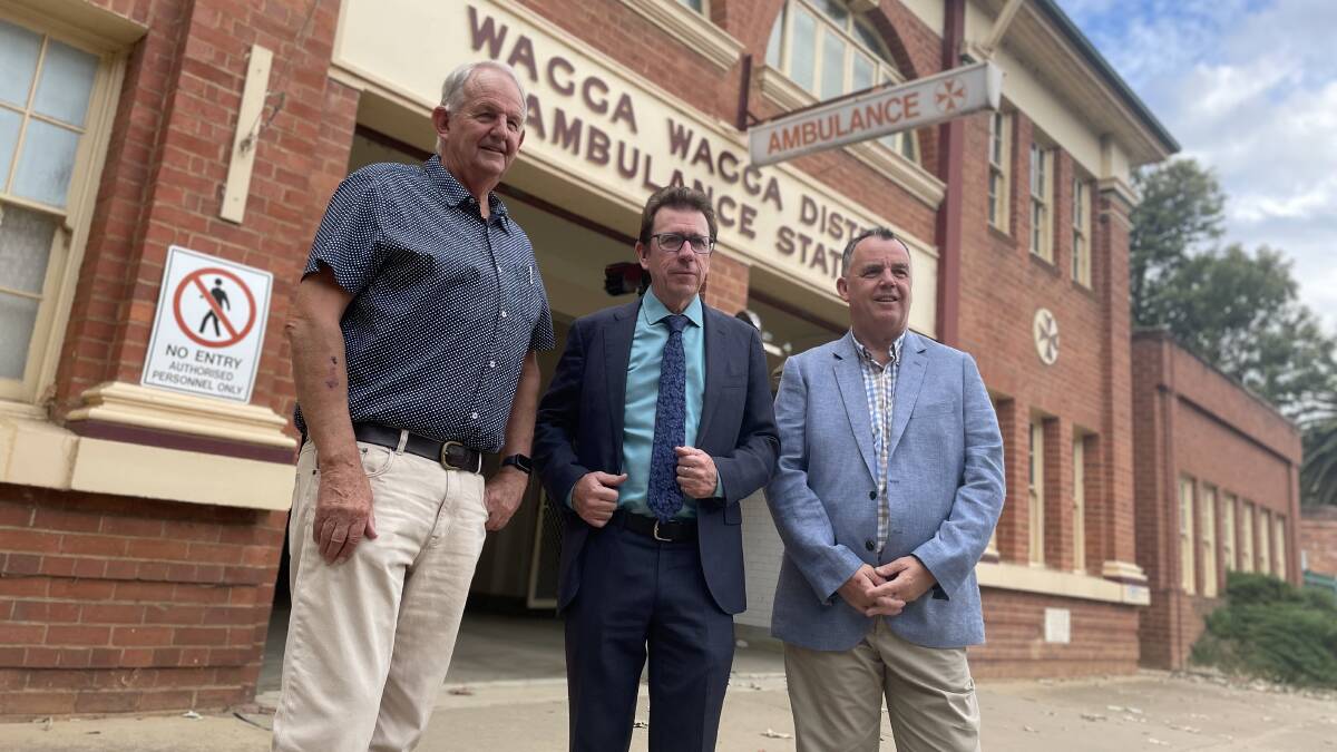 DONE DEAL: Former mayor Greg Conkey, Wagga MP Joe McGirr and current mayor Dallas Tout shortly after confirming the purchase of the historic ambulance station in March. Picture: Monty Jacka
